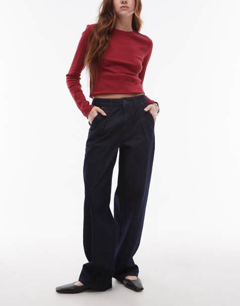 Topshop – Indigoblå jeans med veck och vida ben - view 1