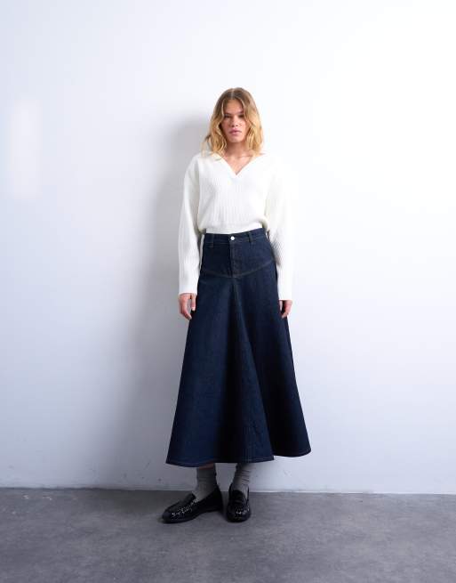 Topshop – Indigoblå maxikjol i denim med ok framtill