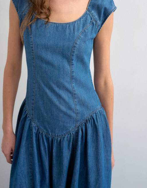 Topshop – Indigoblå midiklänning i denim med sänkt midja, 3 av 4