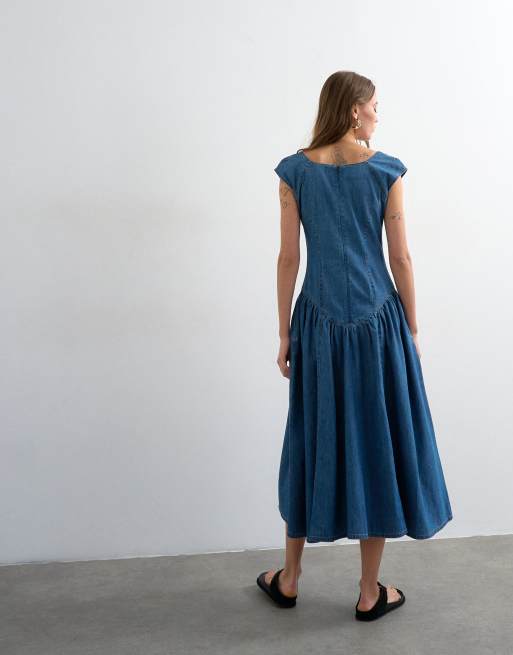 Topshop – Indigoblå midiklänning i denim med sänkt midja, 4 av 4