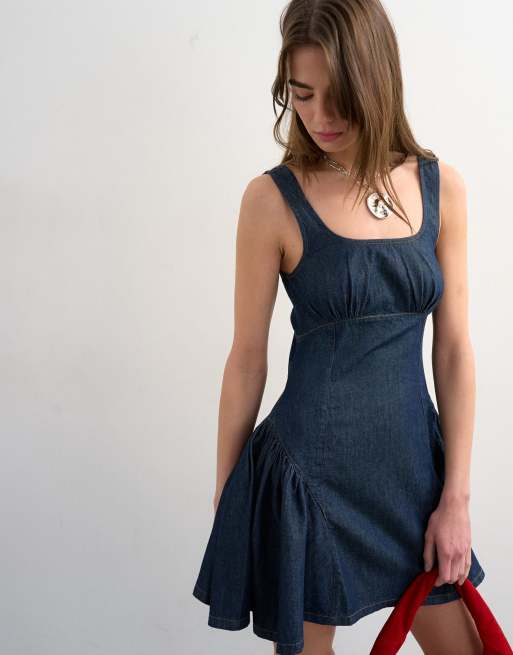 Topshop - Indigoblå minikjole med peplumkant i denim, 3 af 4