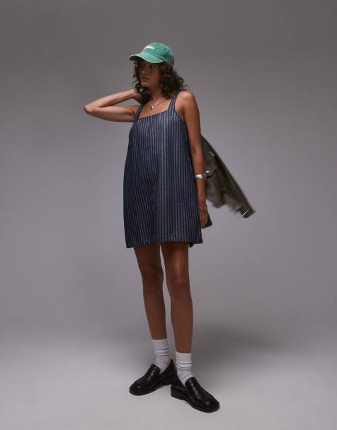 Topshop – Indigoblå, randig, figursydd förklädesklänning i denim - view 1