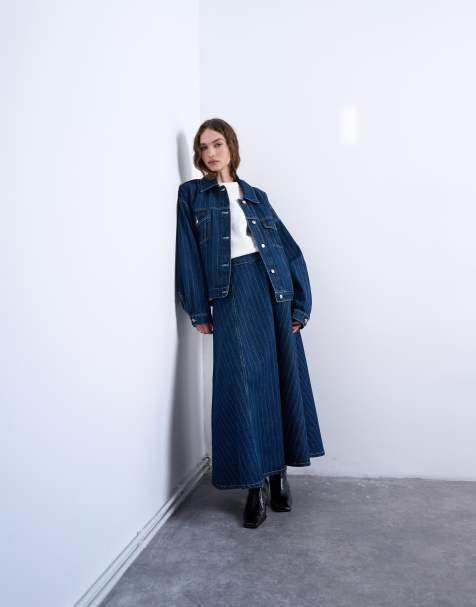 Topshop – Indigoblå, randig jeanskjol i rund modell och maxilängd - view 1