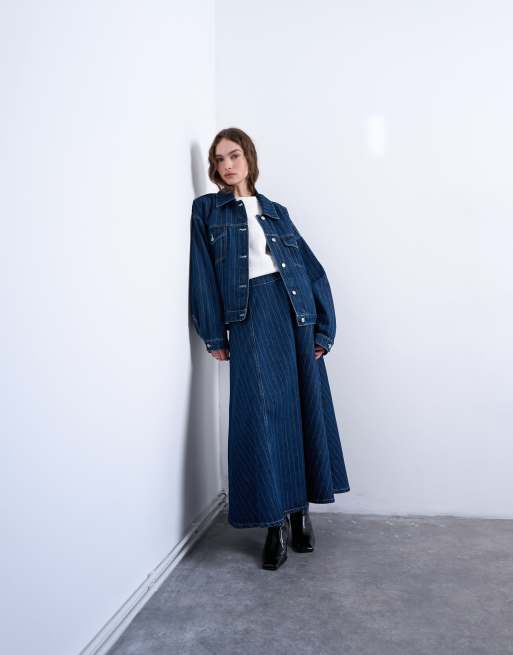 Topshop - Indigoblå rundskåret maxinederdel i denim med striber