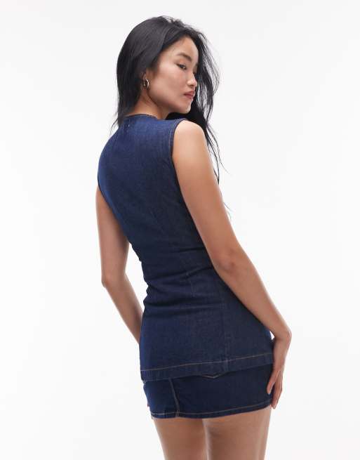 Topshop - Indigoblå tætsiddende longline top i skyllet denim, 4 af 4