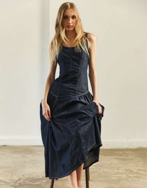 Topshop – Indigoblå, tvättad maxiklänning i denim med dekorativ söm - view 1