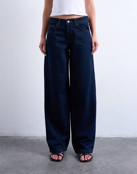 Topshop – Indigoblå, tvättade jeans med indragen, låg midja och avslappnad passform - view 1