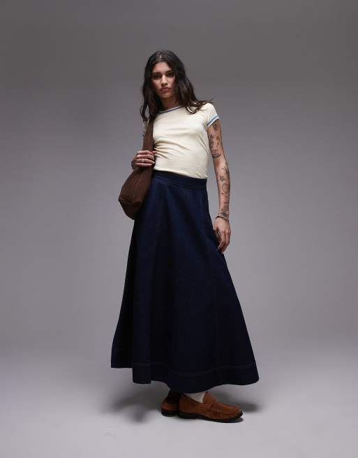 Topshop – Indigoblå, vid maxikjol i denim och råskuren look