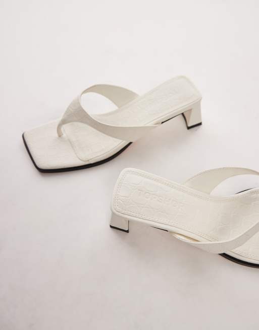 Topshop Indy toe post mid heeled sandals in off white croc, 3 of 4