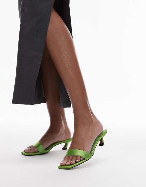 Topshop Inga square toe slip on mid heeled sandals in green - view 1
