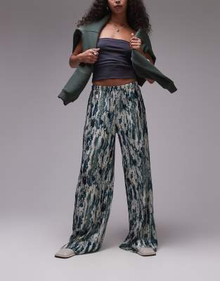 Topshop Ink Spill Print Plisse Wide Leg Pants In Multi