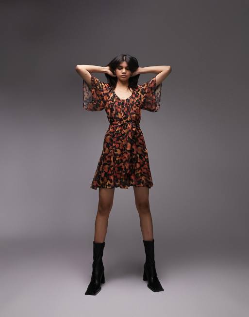 Topshop – Inky – Pomarańczowa sukienka mini ze wzorem i wiązaniem w talii