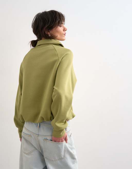 Topshop interlock bubble hem polo quarter zip sweat in green, 4 of 4