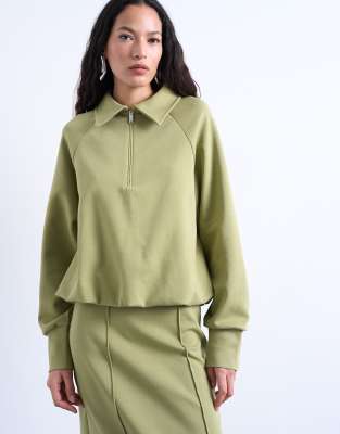 Topshop Interlock Bubble Hem Polo Quarter Zip Sweatshirt In Green