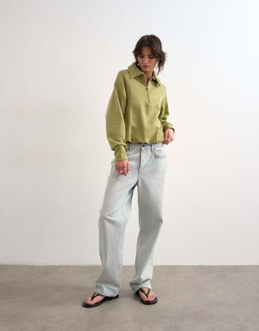 Topshop interlock bubble hem polo quarter zip sweatshirt in green, 2 of 4