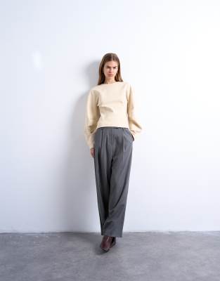 Topshop Interlock Cinch Banana Sleeve Sweat In Neutral