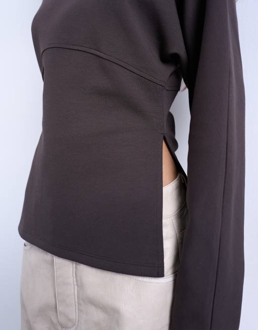 Topshop interlock cinch waist long sleeve funnel neck top in chocolate, 4 of 4