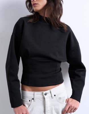 Topshop Interlock Corset Waist Long Sleeve Top In Black