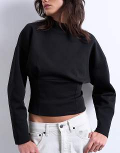 Interlock corset waist long sleeve top in black