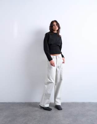 Topshop Interlock Corset Waist Long Sleeve Top In Black