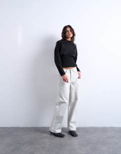 Model wearing Interlock corset waist long sleeve top in black