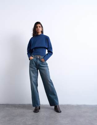 Topshop Interlock Corset Waist Long Sleeve Top In Blue