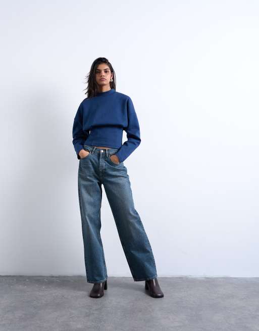 Topshop interlock corset waist long sleeve top in navy