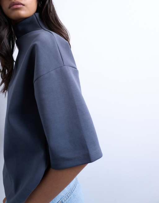 Topshop interlock funnel neck top in charcoal grey, 3 of 4