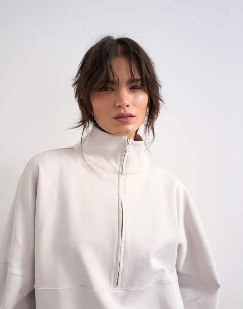 Topshop interlock long sleeve funnel neck zip sweat co-ord in stone