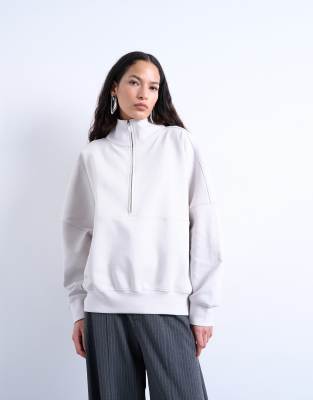 Topshop Interlock Long Sleeve Funnel Neck Zip Sweatshirt In White