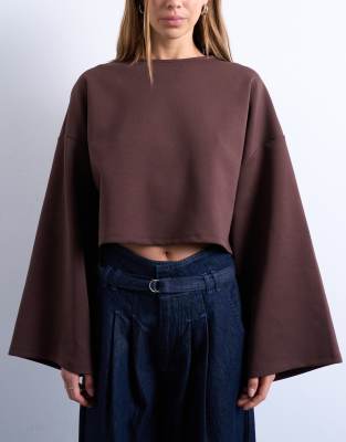 Topshop Interlock Long Wide Sleeve Top In Brown