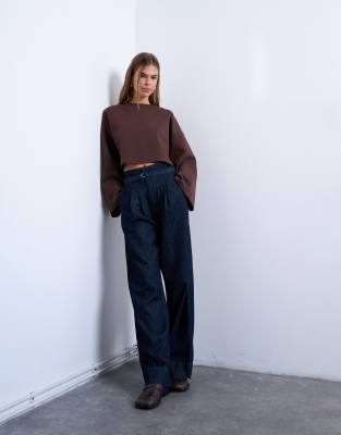 Topshop Interlock Long Wide Sleeve Top In Brown