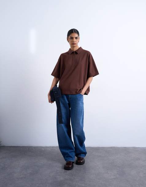 Topshop interlock short sleeve polo top in chocolate brown (part of a set) - view 1