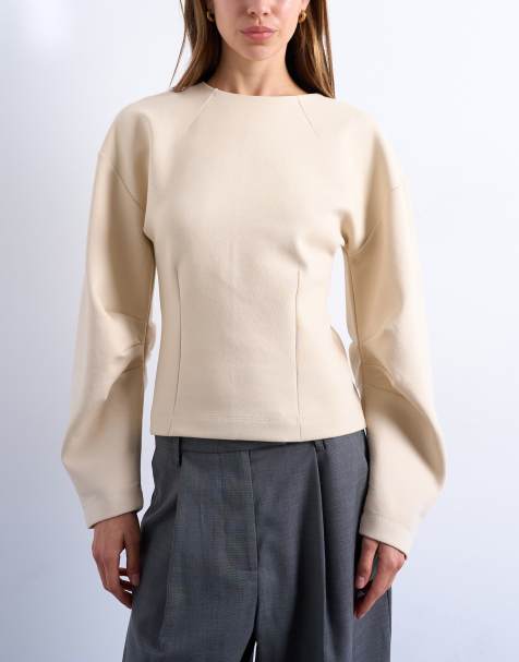 Topshop – Interlock-Sweatshirt in Ecru mit weiten, abgerundeten Ärmeln und betonter Taille - view 1