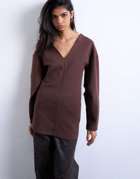 Topshop interlock v-neck banana sleeve tunic top in chocolate - view 1