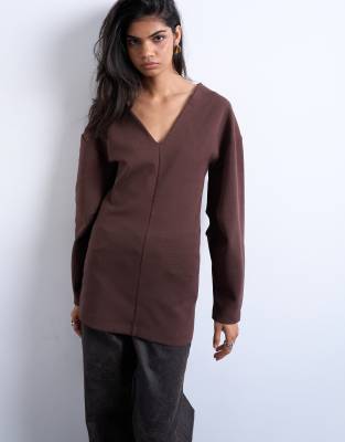 Topshop Interlock V-neck Banana Sleeves Tunic Top In Brown