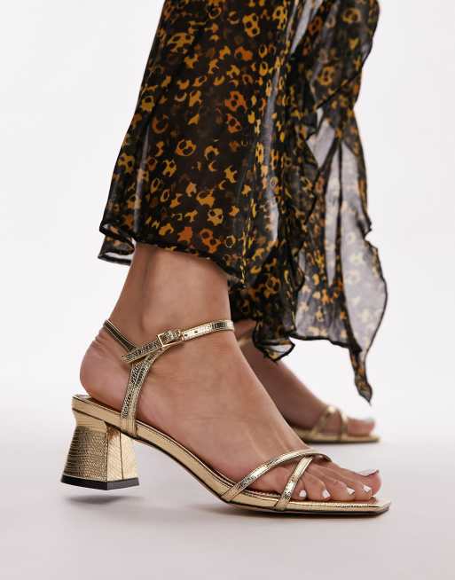 Topshop - Iona - Sandali con tacco largo oro lizard con fascette sottili, 4 di 4
