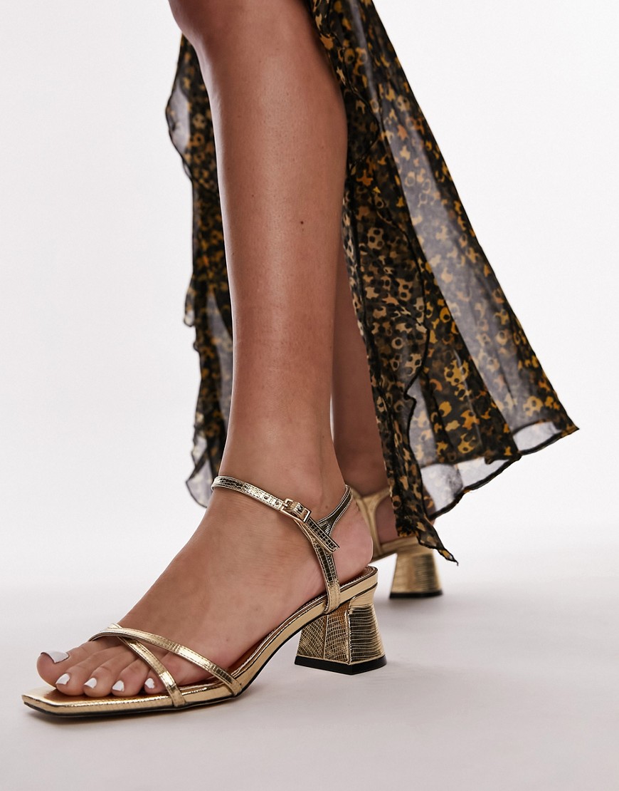 Topshop Iona strappy block heeled sandal in gold lizard