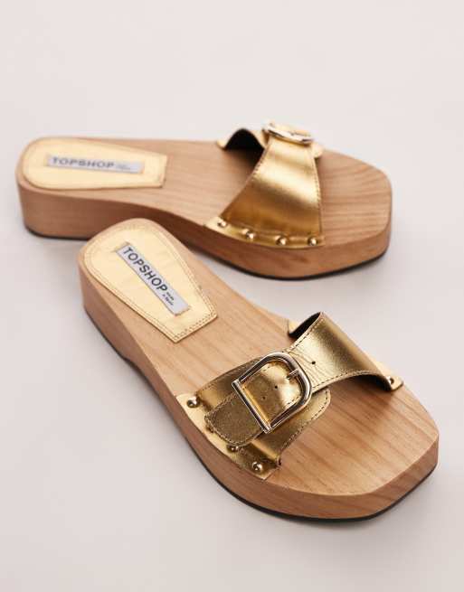 Topshop Iren premium leather clogs with buckle detail in gold, 3 of 4