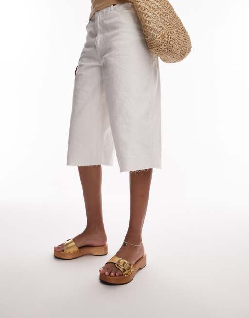 Topshop Iren premium leather clogs with buckle detail in gold