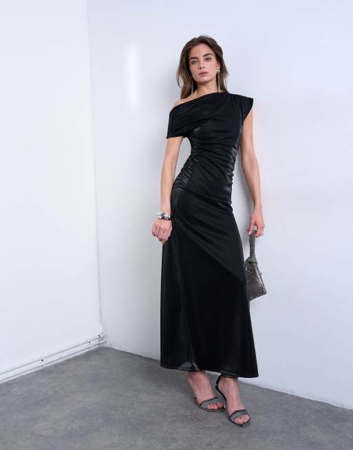 Topshop iridescent off shoulder maxi dress in black ASOS
