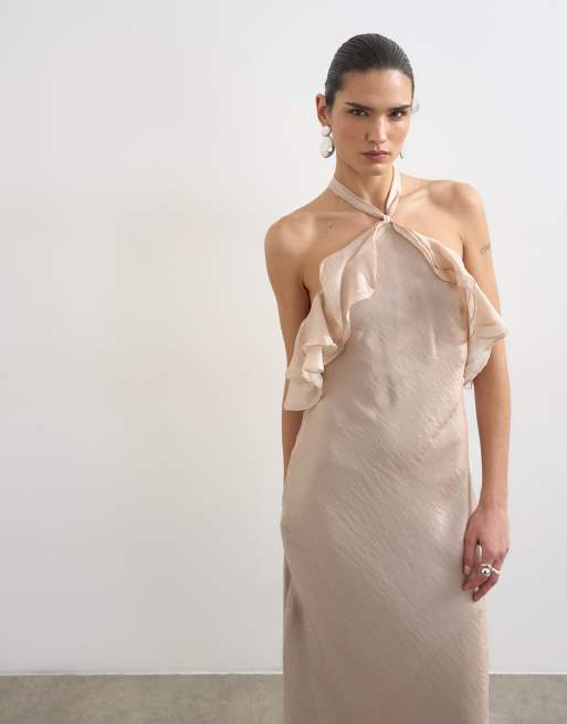 Topshop - Iriserende minkfarvet maxikjole med halterneck med flæser, 2 af 4