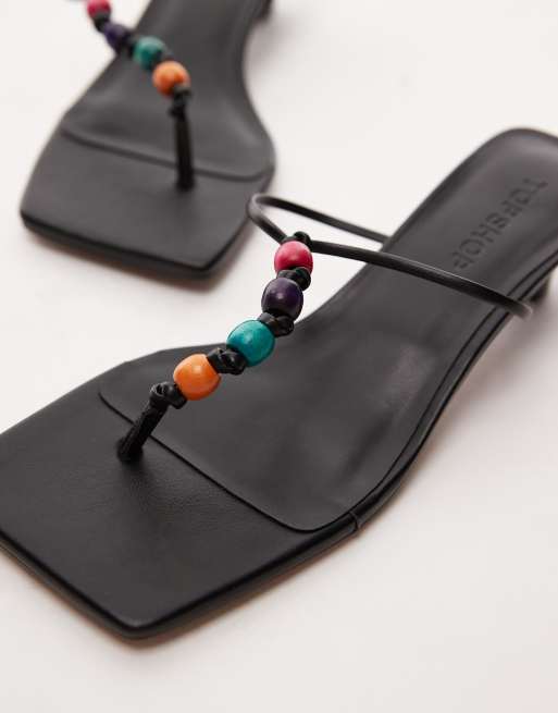 Topshop Irvin toe thong kitten heel sandals with beads in black