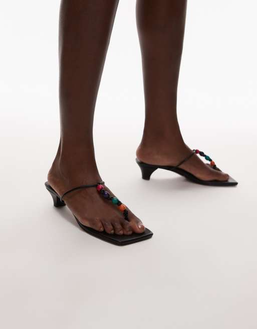 Topshop Irvin toe thong kitten heel sandals with beads in black, 3 of 4