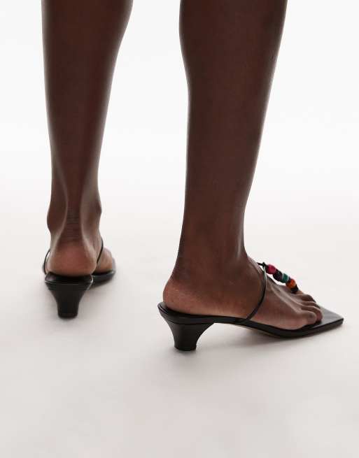 Topshop Irvin toe thong kitten heel sandals with beads in black, 4 of 4
