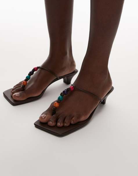Topshop Irvin toe thong kitten heel sandals with beads in chocolate - view 1