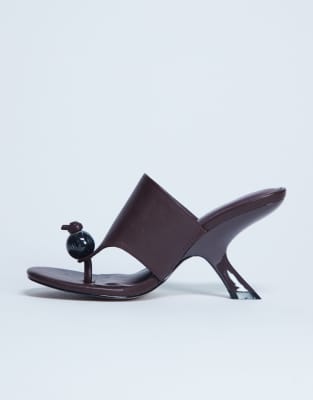 Topshop Isai beaded toe thong heeled mules in burgundy-Red
