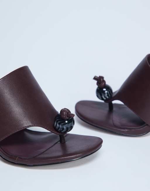 Topshop Isai beaded toe thong heeled mules in burgundy