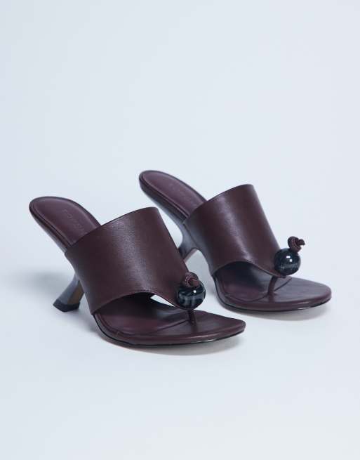 Topshop Isai beaded toe thong high heeled mules in burgundy, 4 of 4