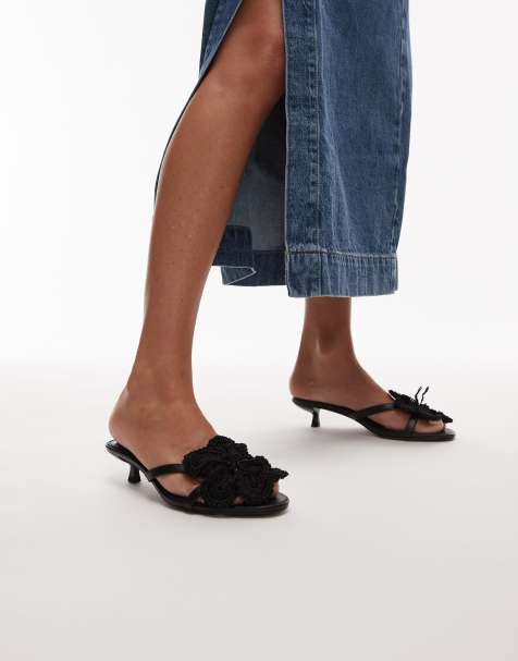 Topshop Ish kitten heeled sandals with knit flowers in black - view 1